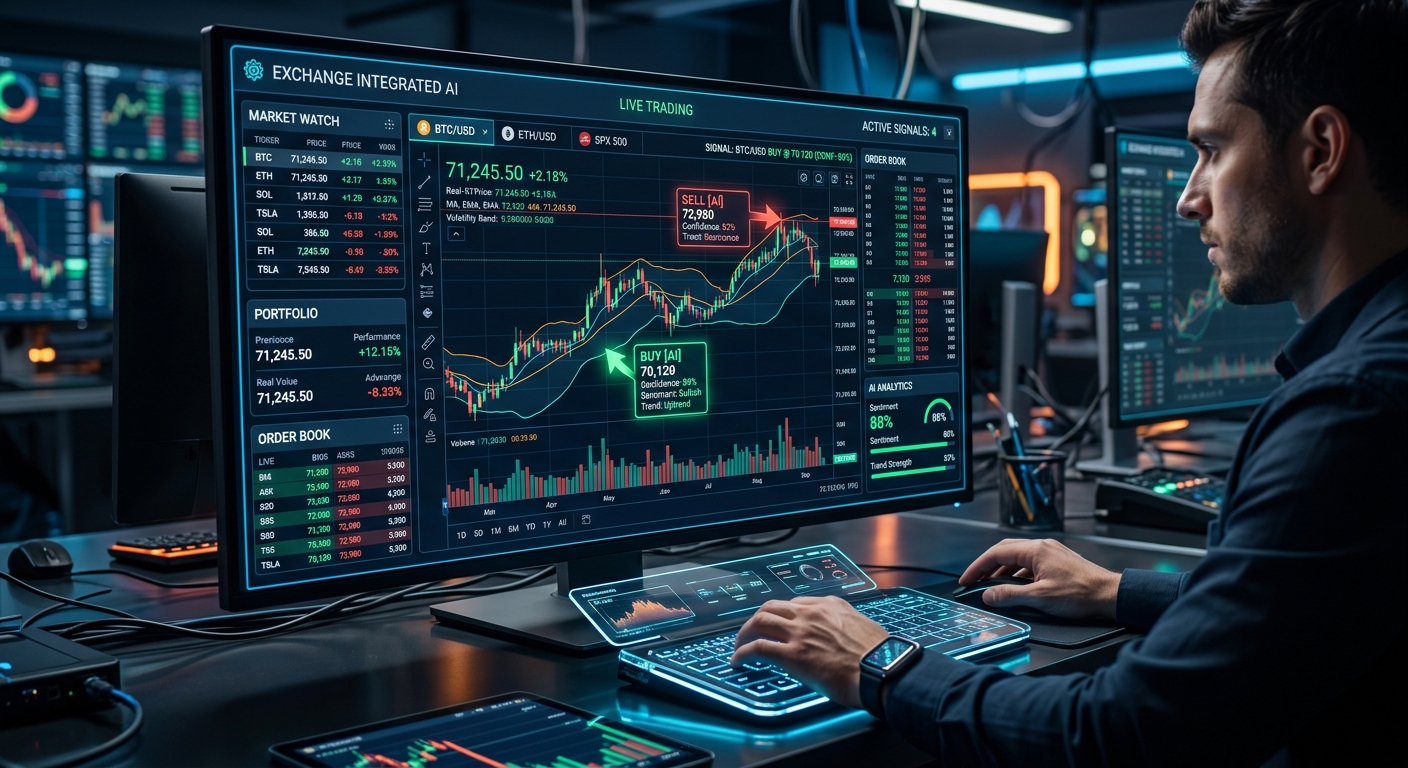 रीयल-टाइम candlestick charts और AI-generated buy-sell signals वाला ट्रेडिंग डैशबोर्ड